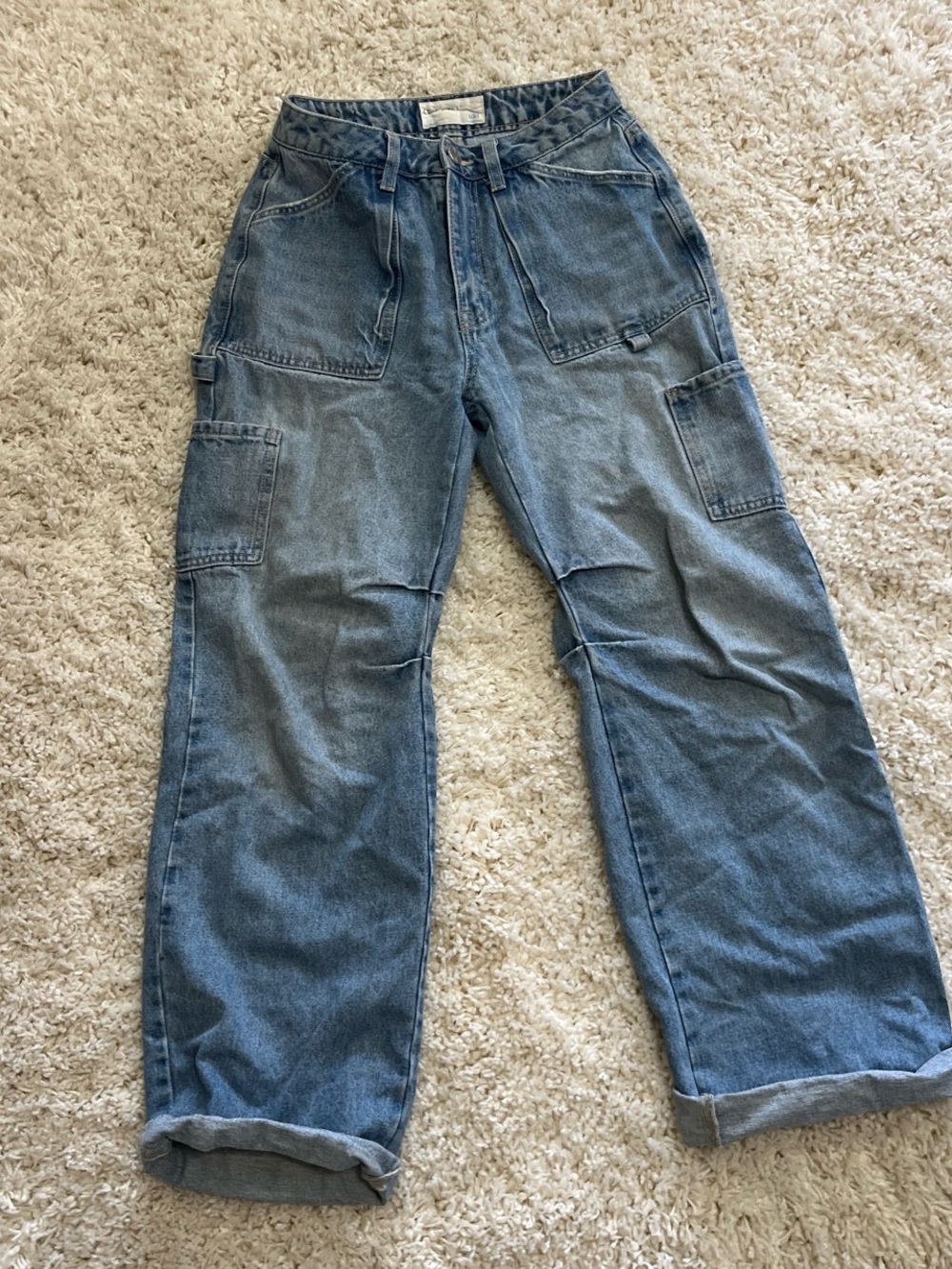 Vintage-Inspired Women's Wide Leg Utility Jeans - Blue